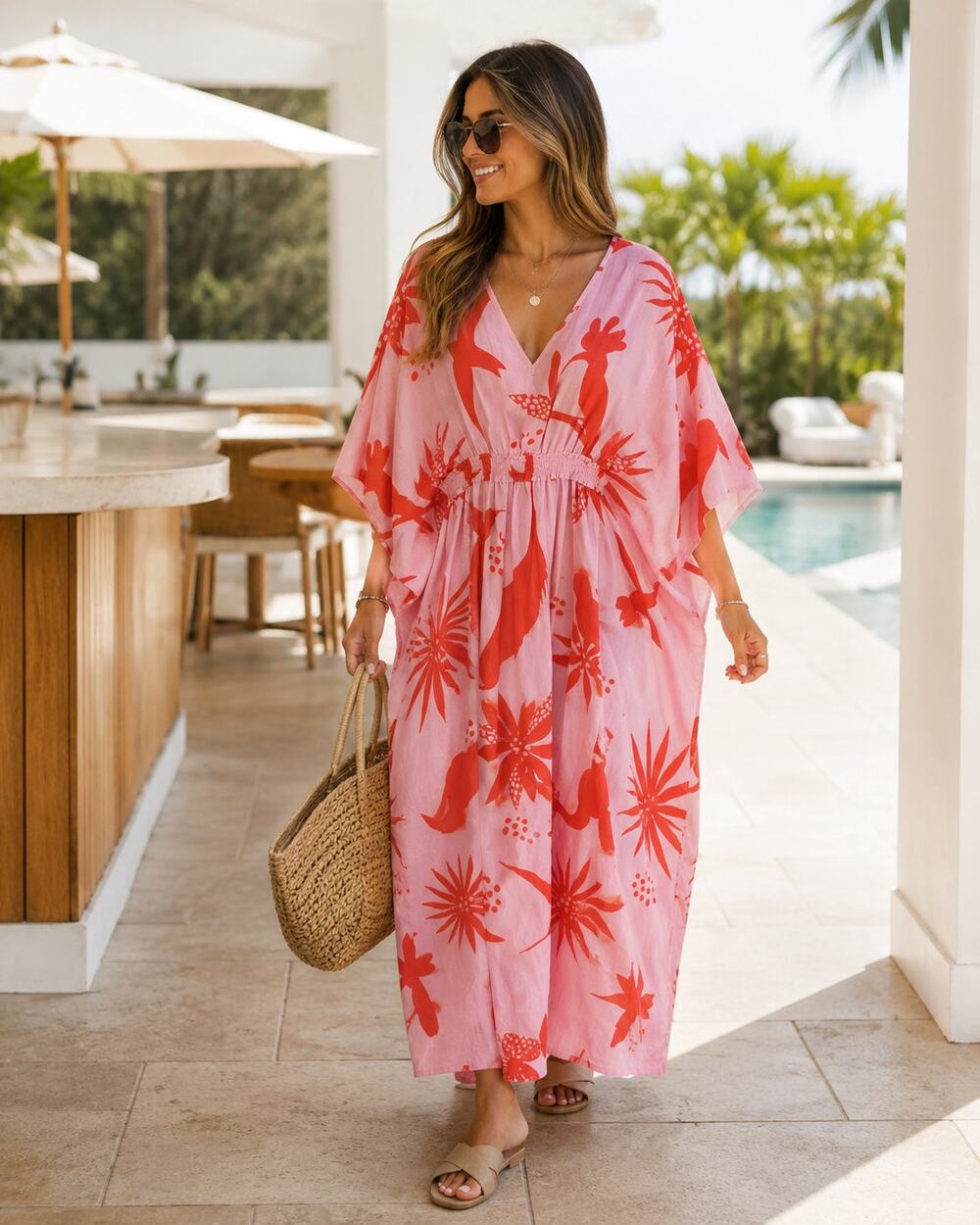 Sheridan French Tropical Maxi Dress Kaftan Orange Swim Coverup Vacation M